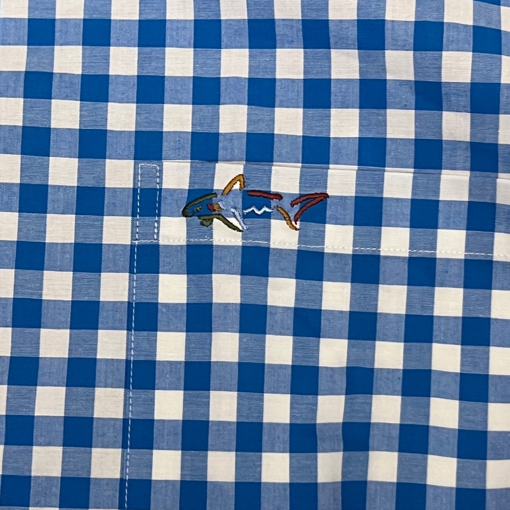 Greg Norman Button Down Shirt Mens L Teal Gingham Excellent Stretch Shark Logo - Picture 4 of 11